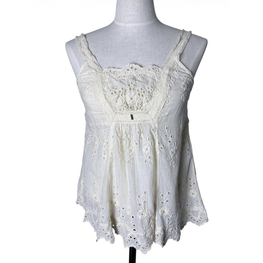 Burning Torch Vintage Eyelet Lace Camisole Top Size P XS Cotton Drawstring Back